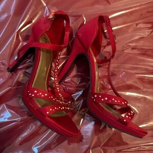 Women's Red Embellished Open-Toe High Heel Sandals
